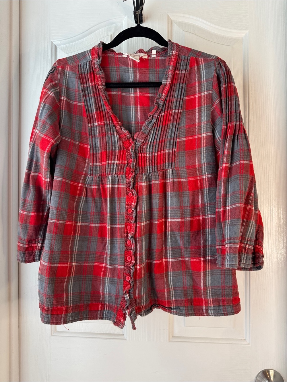 Sundance Red and Gray Plaid Ruffle-Trim Button Down Top (BB)